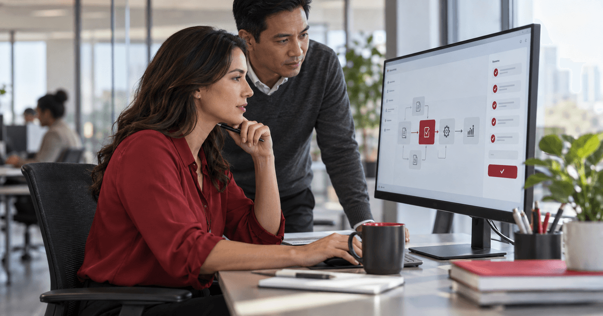 Business leaders reviewing an AI-assisted workflow with human approval controls